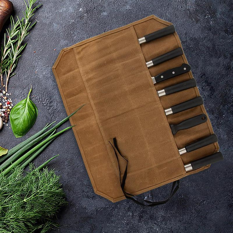 Camping Cooking Organizer - Waxed Canvas Chef Knife Roll Multiple